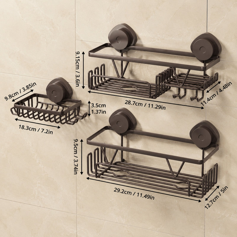 Bronze 3-Pack Suction Shower Shelves with Hooks