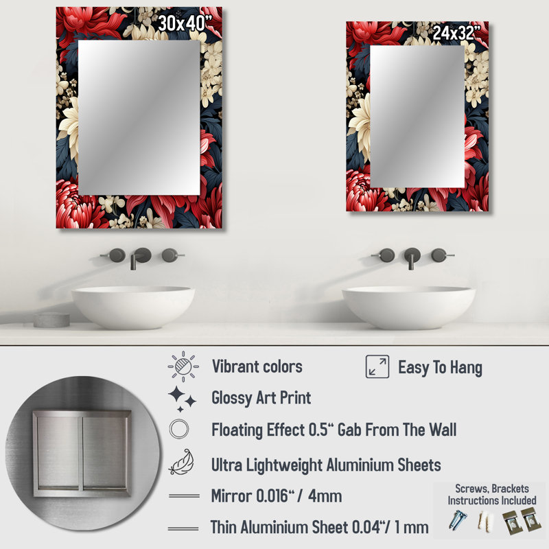 Hutson Mystic Red Damask Whispers - miroir décoratif damassé, miroir mural Boho, reproduction d'art en métal, 32 po x 24 po
