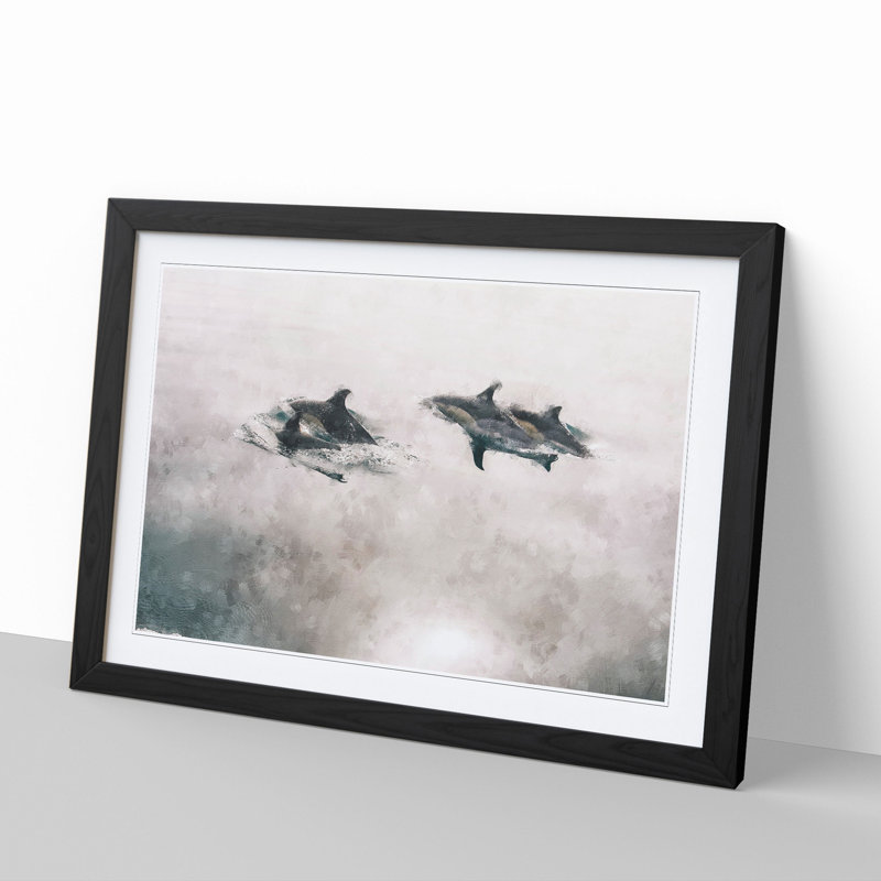 Swimming Dolphins - Picture Frame Painting, 27cm H x 36cm W x 2cm D, Black Framed