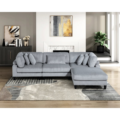 Canapé modulaire contemporain en velours côtelé gris, 4 pieds en bois massif et 4 coussins modulaires réversibles, tissu, dossier bas
