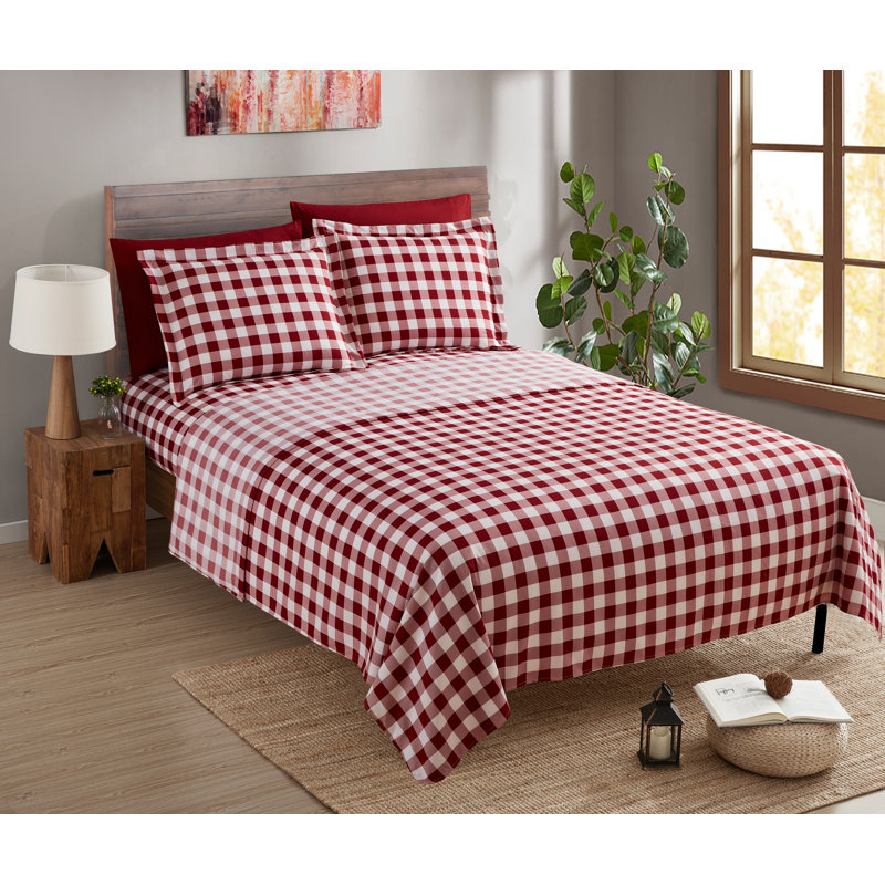 Ensemble de draps en microfibre ultra doux, Carreaux rouges, Ensemble de draps pour grand lit avec 4 taies d'or