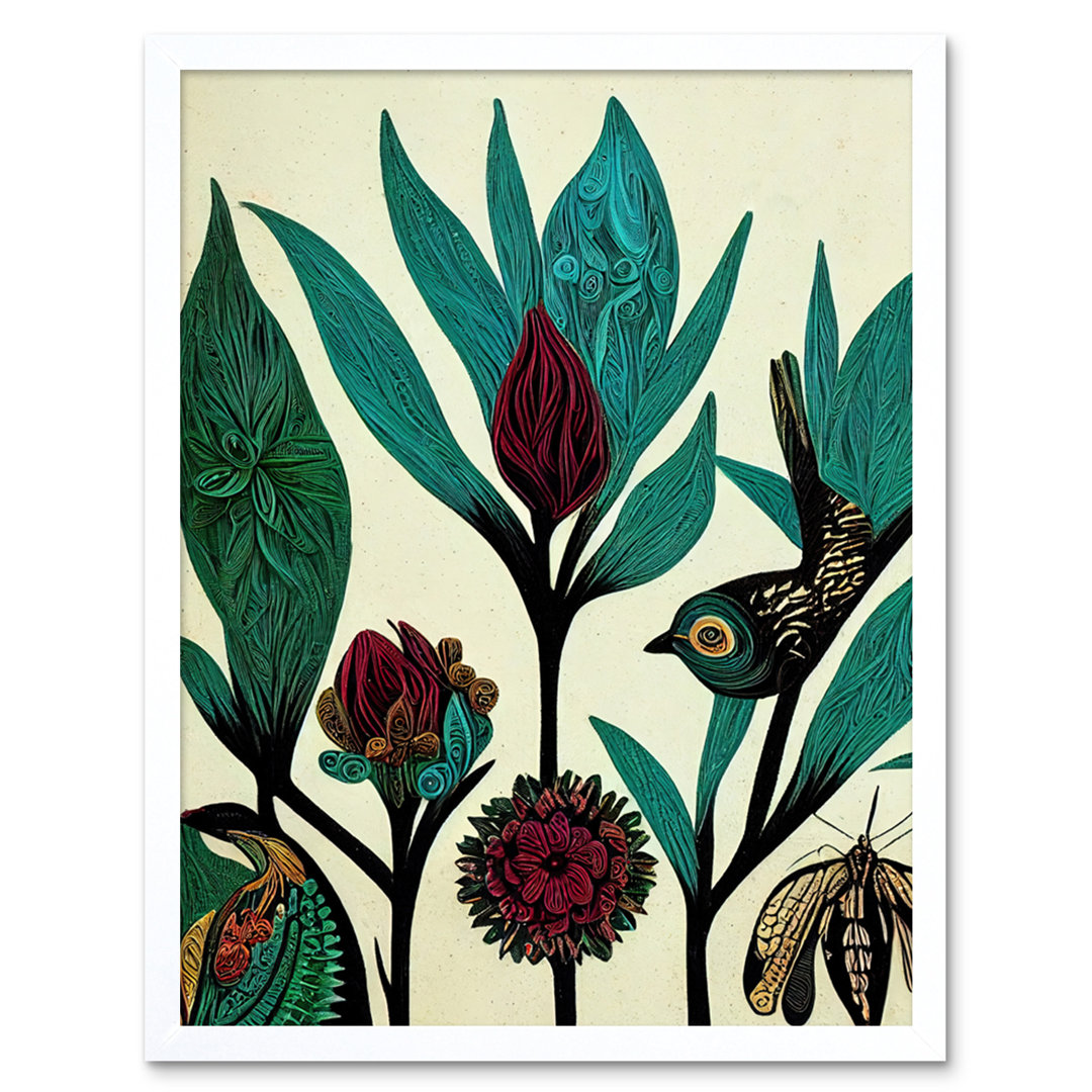 Abstract Folk Leaves Flowers Birds Vintage - Print