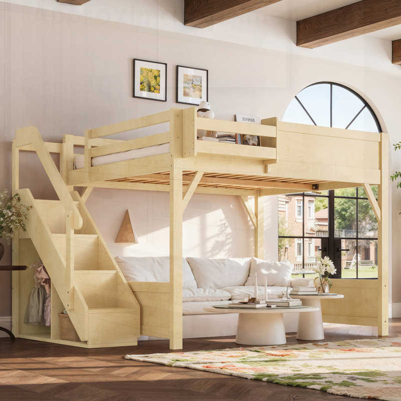 Lit mezzanine avec garde-robe et espace de rangement intégrés, fabrication en bois massif, garde-corps pleine longueur, escalier et tablettes à côté, aucun sommier nécessaire