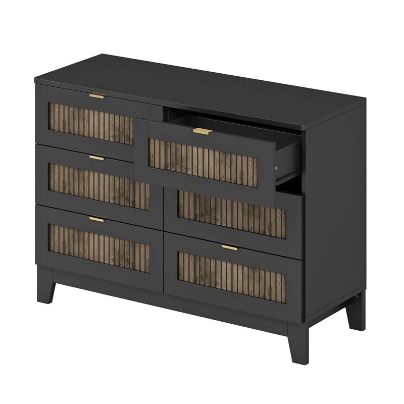Commode en bois de style rustique avec 6 tiroirs, armoire de rangement pour chambre à coucher avec poignées en métal, noir