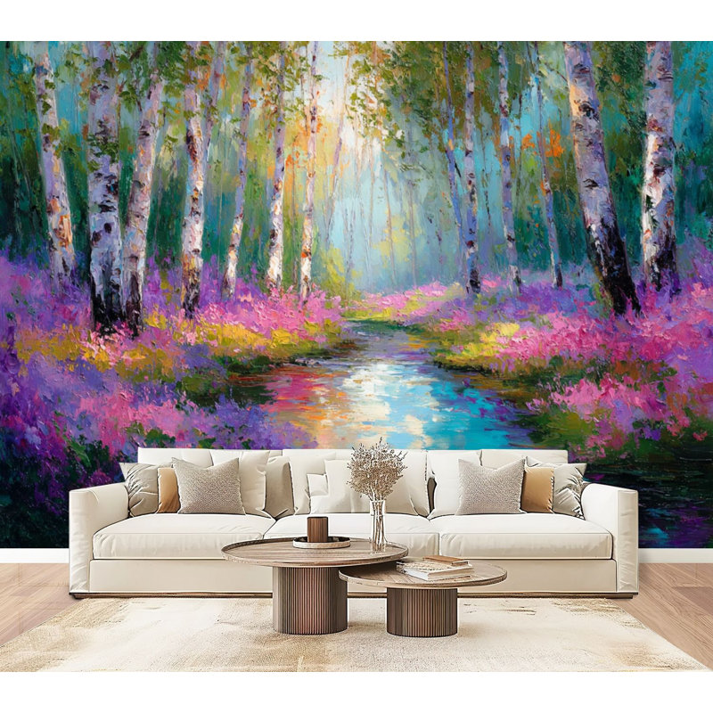 Papier peint auto-adhésif Birch Forest Stream, L 96 po x l 69 po