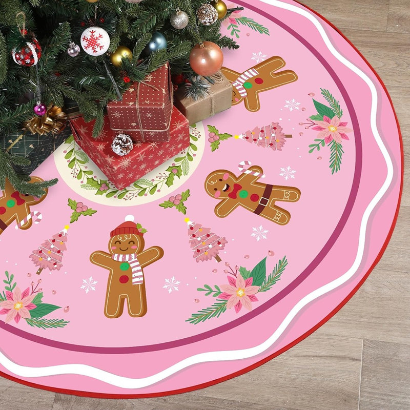 Jupe de sapin de Noël rose en forme de pain d'épices, couronne verte et flocons de neige, décoration rustique pour les fêtes