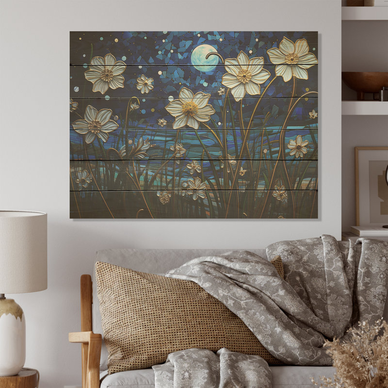 Moonlight Flower Field Dreams - Wildflowers, panneau mural en bois sur bois de pin naturel, H 10 po x l 20 po
