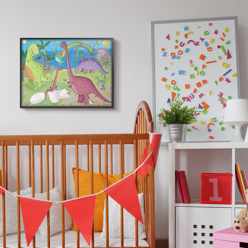Illustration de dinosaures heureux jouant par arc-en-ciel, H 24 po x l 30 po x P 1,5 po, Giclée encadrée noir minuit