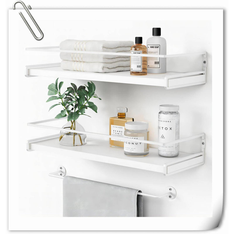 Floating Bathroom Shelves Wall Mounted, Modern Bathroom Organizer with Tower Bar,Set of 2, White