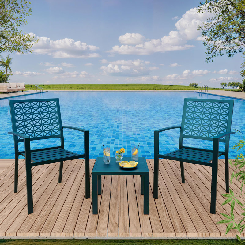 3-Piece Outdoor Bistro Set, Stackable Metal Patio Table and Chairs, Weather-Resistant Iron Bistro Furniture, Blue