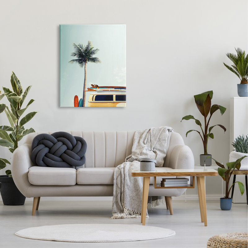 «Surf Bus Yellow with Palm Tree» par Design Fabrikken, reproduction de photo, H 40 po x l 30 po, Toile tendue