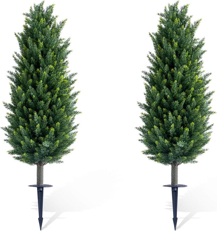 Artificial Topiary Ball Tree with Metal Ground Spike Set of 2/4, Fake Artificial Topiary Cedar Tree for Garden Patio Indoor and Outdoor Decor,25.6 Inch