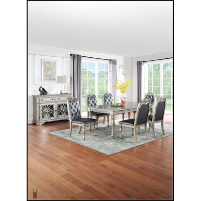 Traditional Formal Silver / Grey 7Pc Dining Set With Intricate Design, Tufted Back Cushions, And Durable Rubber Wood Construction