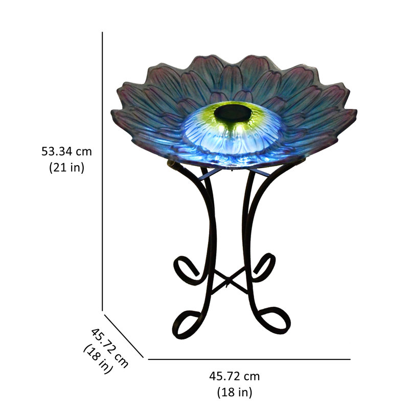 Solar Blue and Purple Glass Flower Bird Bath with Metal Stand