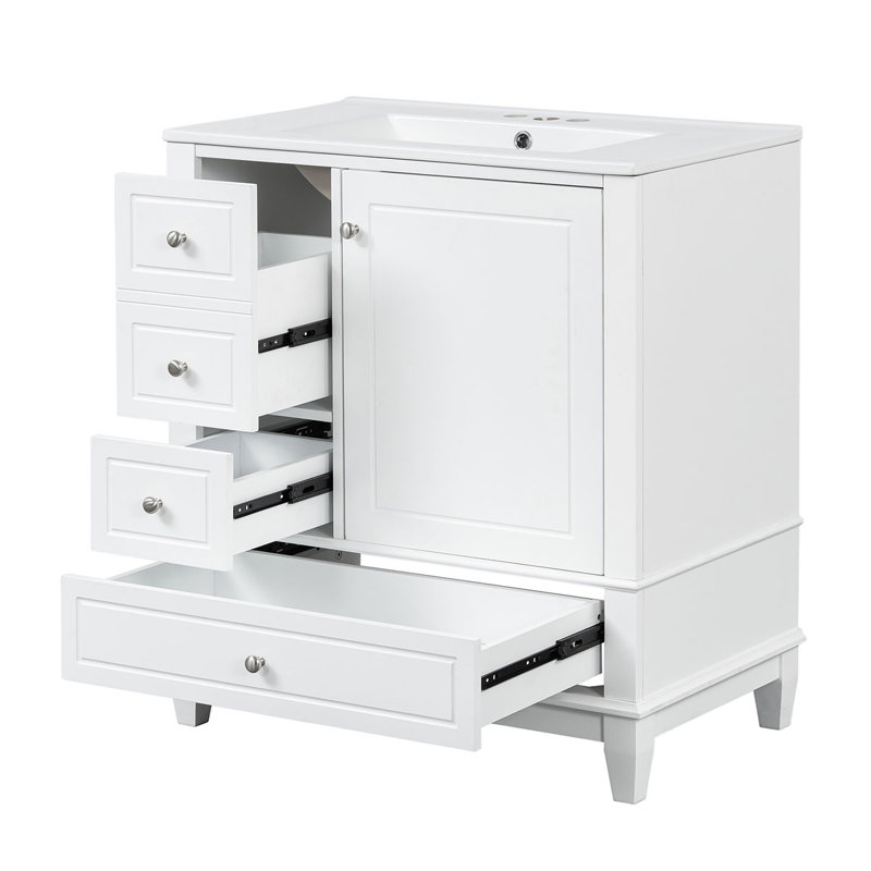 Meuble-lavabo moderne avec lavabo en céramique, porte à fermeture amortie, rangement à plusieurs niveaux et finition résistante à l'humidité