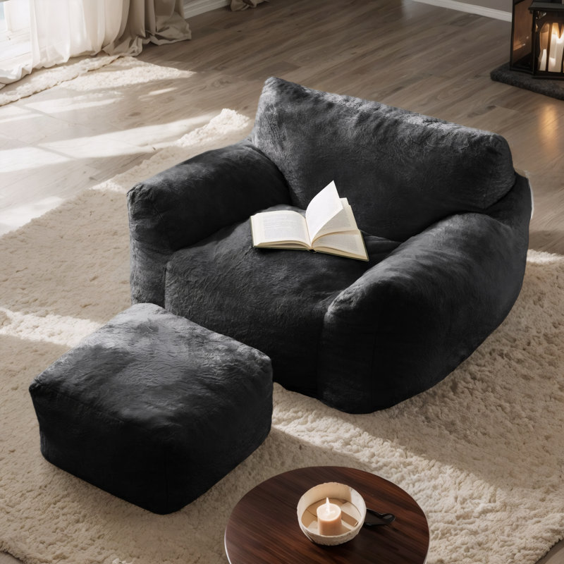 Oversized Bean Bag Chair with Ottoman & Armrests for Adults, Black