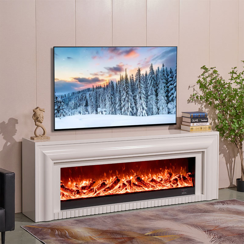 Beige Solid Wood TV Cabinet Fireplace