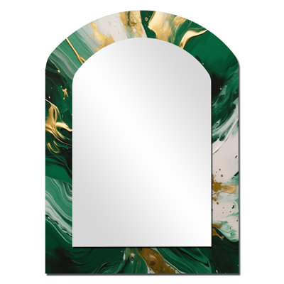 Green and Gold Serene Cascade II - Abstract Arch Mirror, Green Asymmetrical Decorative Wall Mirror, Printed Metal Art