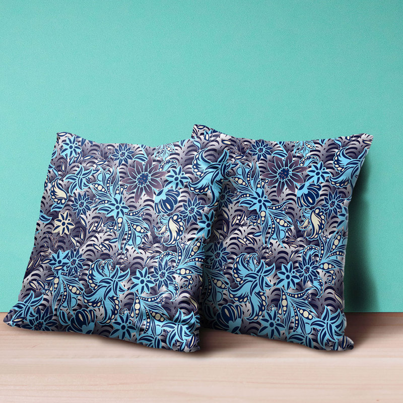 Purple Blue Beige Floral Faux Suede Throw Pillow 20x20