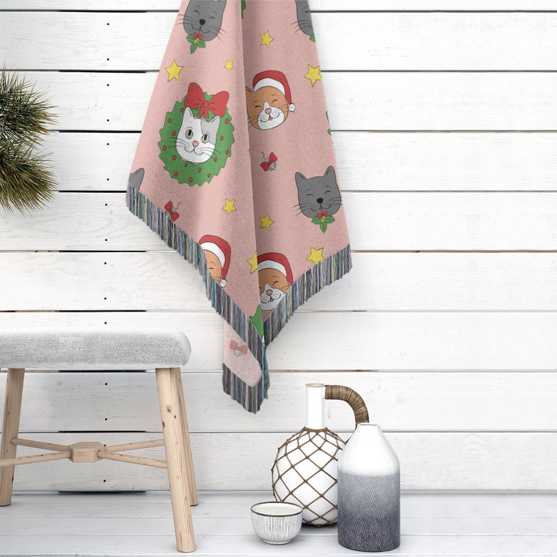Hand Woven Throw Blanket, 60" W x 80" L, Pink/Gray, Christmas Cats