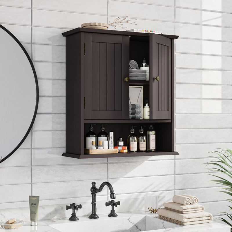 Bathroom Wall Storage Cabinet with Door and Open Shelves, Medicine Cabinet Organizer with Towel Bar, Small, Brown