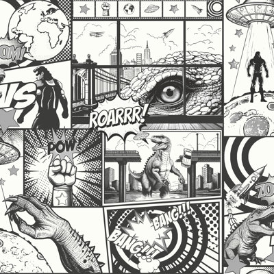 Black/White Comic Heroes Wallpaper Nonwoven, Non-Pasted Textured Wallpaper 57Sqft.