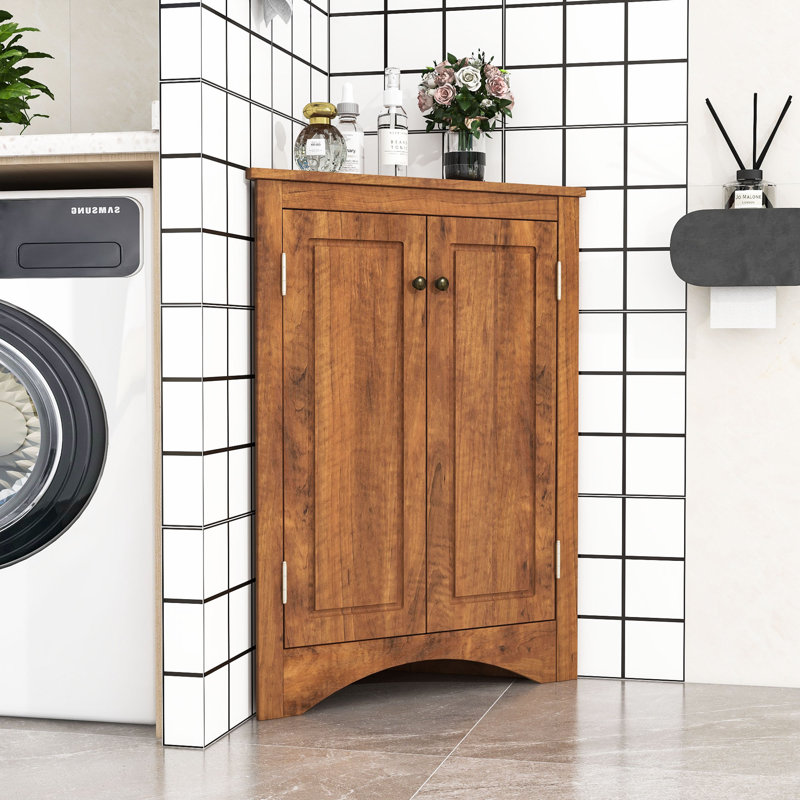 Armoire de rangement autoportante triangulaire pour salle de bain avec tablettes réglables, Brun