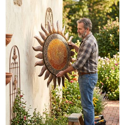 36 Inch Sun Metal Outdoor Wall Decor with Multi Color Weather Resistant Finish for Indoor and Outdoor Home Accent - Gold