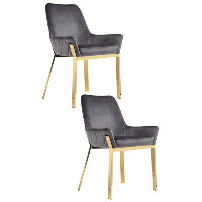     Pangea Home Hudson Tufted Upholstered Arm Chair - Dining Chairs Set of 2 – Modern Upholstered Accent Chairs for Kitchen, Dining Room, Living, or Breakfast - Gray Velvet with Gold Legs