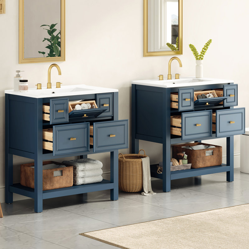 Meuble-lavabo de 60 po avec lavabo en céramique, apparence moderne bleue et dorée, rangement à 10 tiroirs, ensemble de meuble-lavabo simple 60 po