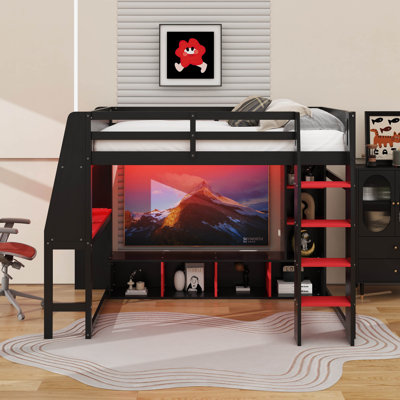 Lit mezzanine en bois pleine grandeur avec bureau, DEL et portemanteau suspendu