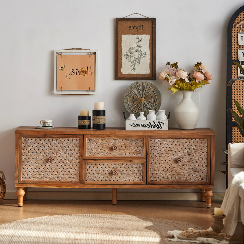 Meuble télé de style années 50 pour téléviseurs de 60 pouces, avec rangement, grand plateau, tablette réglable, support décoré effet vieilli et passe-câbles.