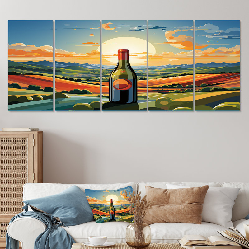 5 bouteilles de vin dans un paysage italien II - vin, art mural, H 32 po x l 80 po