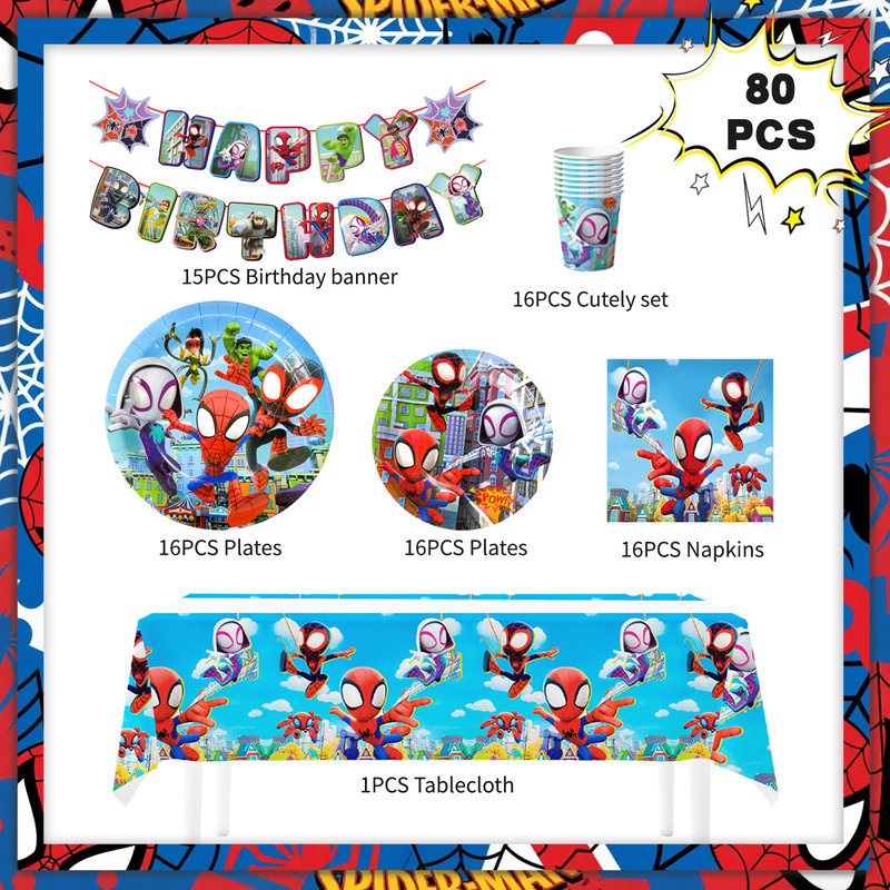 80 Pcs Little Spiderman & Friends Birthday Decorations Tableware Set