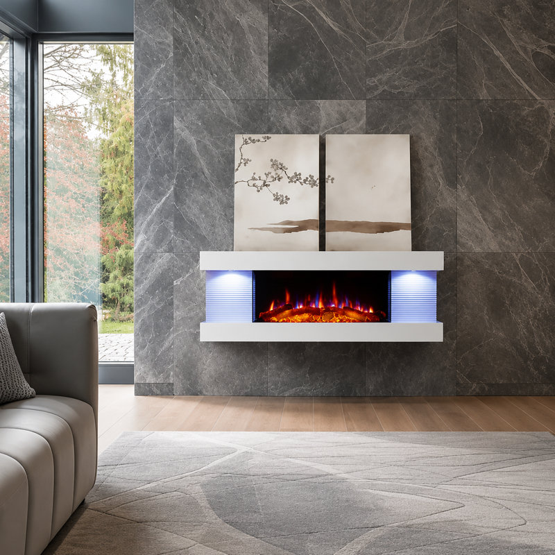 FLAMEKO Atacama Wall Mounted Fireplace All-in-One with Downlights and Remote Control 1.8kW Heater in White