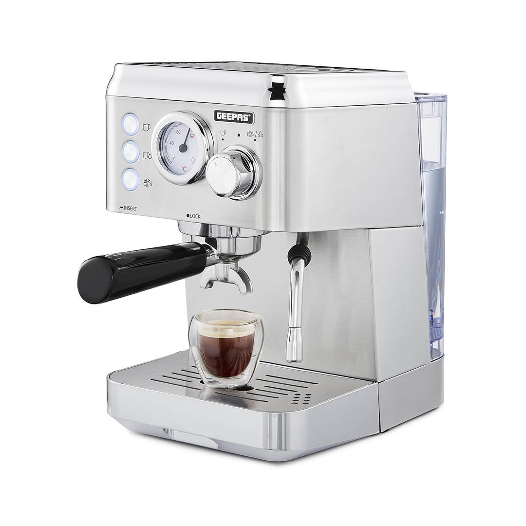 Geepas Espresso & Cappuccino Coffee Machine Milk Frother, 15 Bar Pressure- 1.8L Water Tank, 1140W - Silver