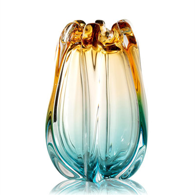 Hand Blown Glass Vase Unique Wide Mouth Flower Vase