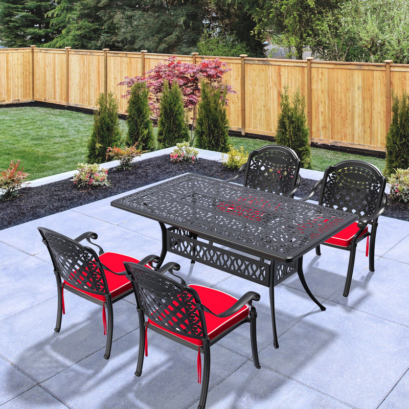 Patio d'extérieur en fonte d'aluminium avec coussins - 5 pièces, noir, corrosion, chaises empilables, table rectangulaire 5, vêtements, table, coussins, sièges 4