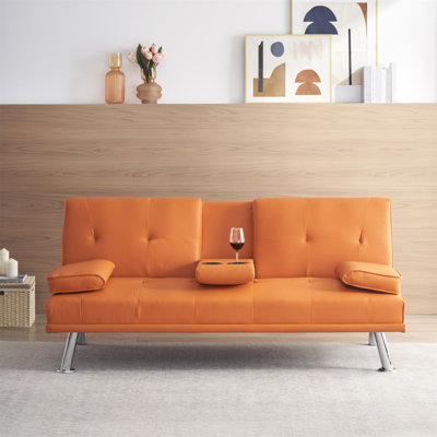 67" Orange Leather Office Sofa Bed, Double Fold, With Coffee Table, Multifunctional