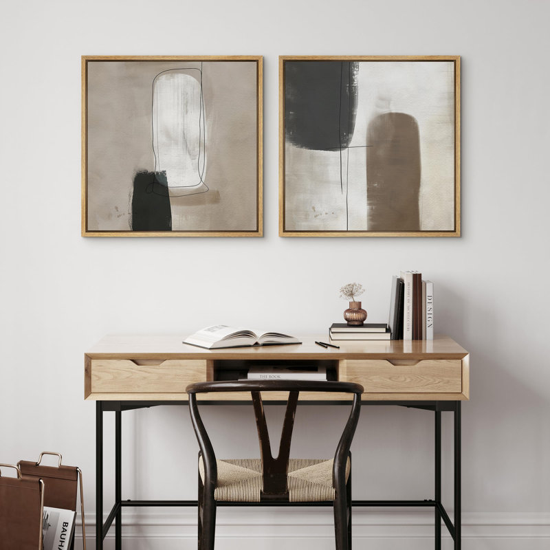 "Art contemporain nordique brun moderne abstrait" - 2 pièces, H 16" x l 16", Cadre naturel flottant