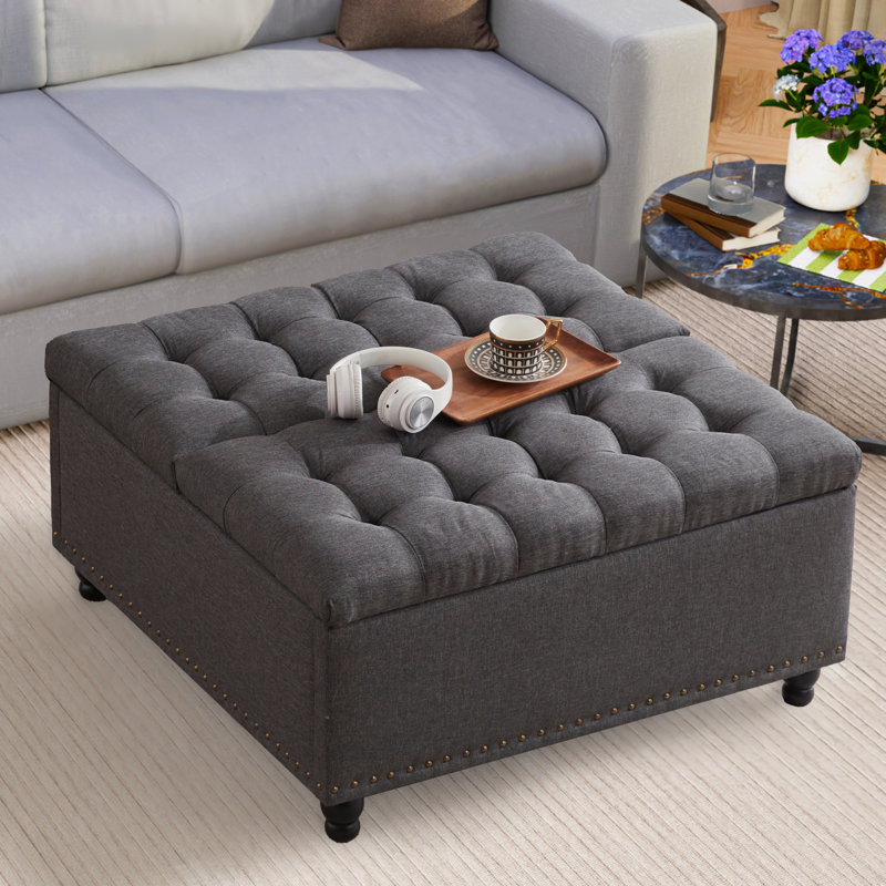  35.5'' Upholstered Storage Square Ottoman, Gray Linen Blend