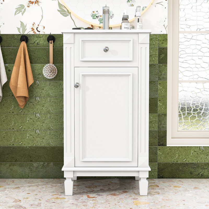 Meuble-lavabo compact avec lavabo en céramique, porte à fermeture en douceur et tablette réglable, Blanc