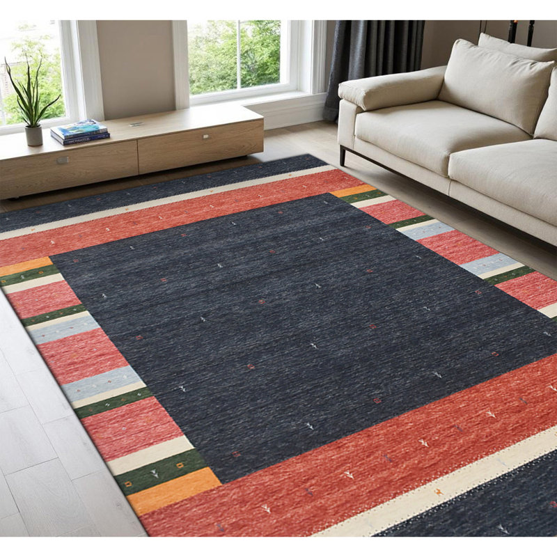 Tapis rectangulaire en laine tissé à la main en noir / rouge / jaune / bleu, Rectangle 6 pi x 9 pi