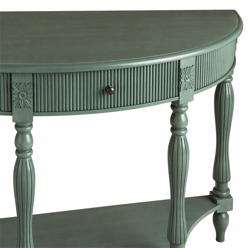 Console demi-lune en bois massif avec tiroir et tablette, Vert antique, Vert antique, Vert antique
