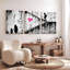 Ensemble de 3 tableaux sur toile tendue représentant une silhouette de mère et d'enfant avec un ballon en forme de cœur rose sur un escalier-1050758948