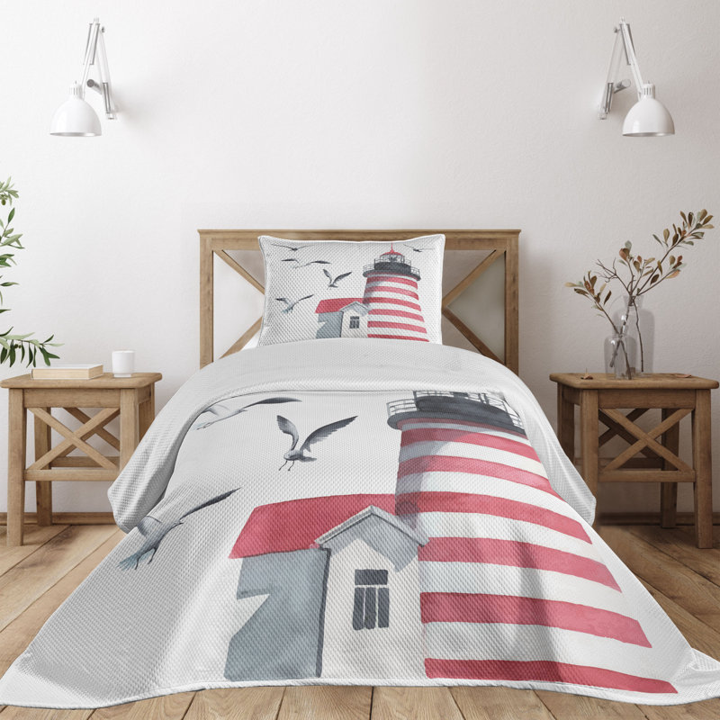 King Size White Quilted Bedspread Set with Lighthouse Design