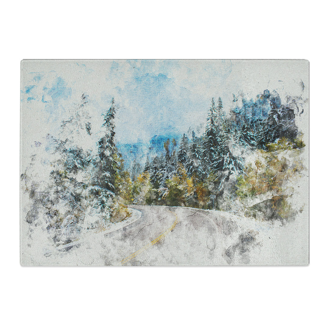 Tempered Glass Winter Forest Road Watercolour Chopping Board
