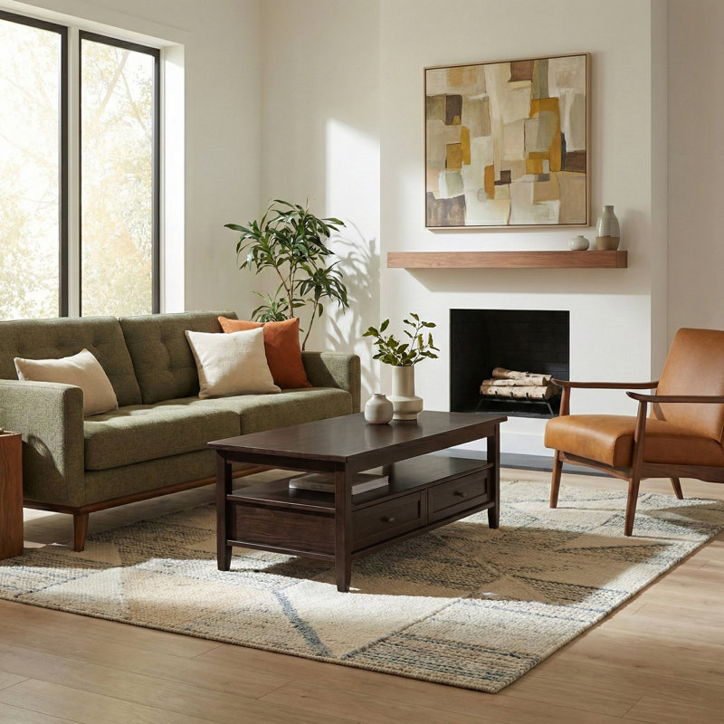 Warm Shaker 48"W Solid Wood Transitional Coffee Table with Storage Drawers and Open Shelf, Tobacco Brown