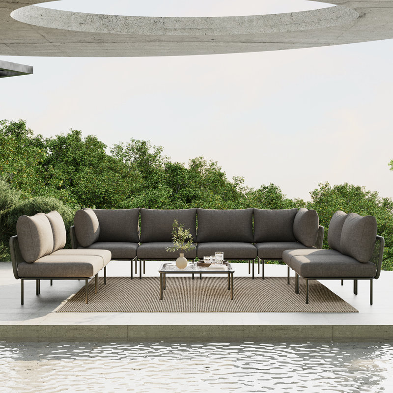 Ebern Designs 9 Pieces Aluminum Patio Furniture Set, Modern Modular Sectional Sofa with Coffee Table and Upgrade Thickness Cushion
