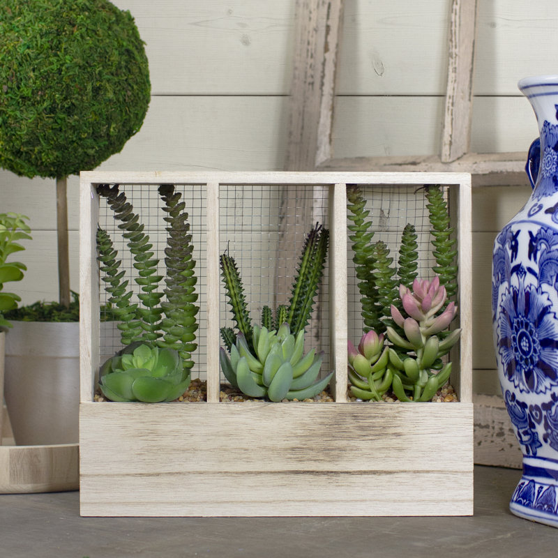 11" Artificial Mixed Succulent Arrangement In A Wooden Planter Box